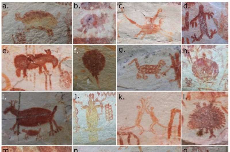 Examples of animal taxa represented at Cerro Azul. (a) armadillo, (b) paca, (c) coati, (d) amphibian, (e) tapir/danta, (f) stingray, (g) feline, (h) turtle, (i) deer, (j) crocodile, (k) monkey, (l) porcupine, (m) possible horse, (n) serpent with head plume and legs, (o) lizard, (p) deer, bat, spider, aquatic birds, (q) possible sloth, (r) canid. Credit: Arts (2024). DOI: 10.3390/arts13040135 Indigenous elders and ritual specialists help to unlock the meaning of ancient Amazonian rock art