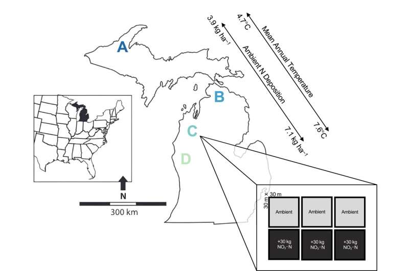 The distribution of study sites in Michigan, USA that span the geographic range of northern hardwood forests. The sites were selected due to their similarity of floristic and edaphic characteristics. Credit: Ecology (2024). DOI: 10.1002/ecy.4444 October research news from the Ecological Society of America
